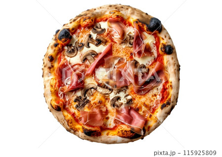 Delicious Italian pizza topped with mushrooms, bell peppers, and spinach, perfect for a healthy meal 115925809