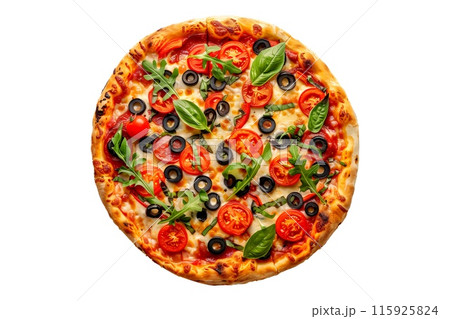 Delicious Italian pizza topped with mushrooms, bell peppers, and spinach, perfect for a healthy meal 115925824