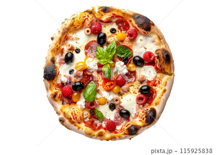 Delicious Italian pizza topped with mushrooms, bell peppers, and spinach, perfect for a healthy meal 115925838