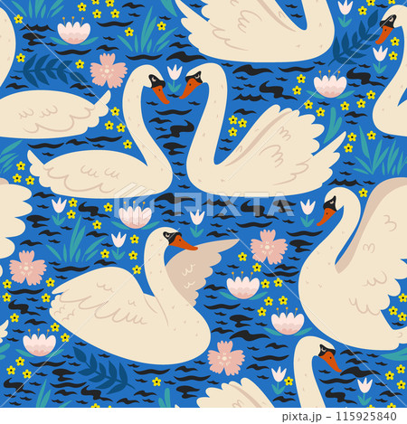 Seamless pattern with swans on the pond. Vector graphics. Seamless pattern with swans on the pond. Vector graphics. 115925840