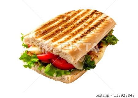 Grilled panini sandwich with fresh tomato and basil with melted cheese on crusty bread isolated on white background 115925848