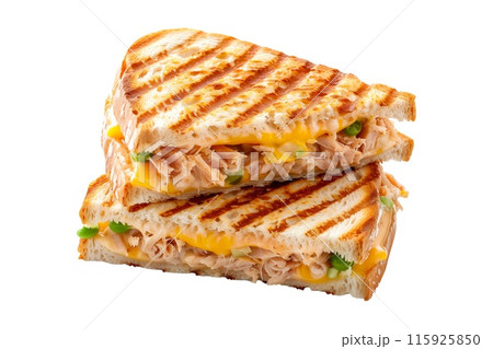 Grilled Tuna Melt panini sandwich on crusty bread isolated on white background 115925850
