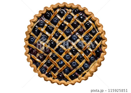 Freshly baked blueberry pie filling a stunning lattice crust isolated on white transparent background 115925851