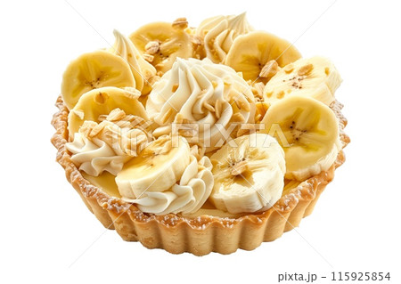 Creamy Banana Tart with Nut Toppings, a gourmet dessert with fresh fruit slices and crispy crust 115925854