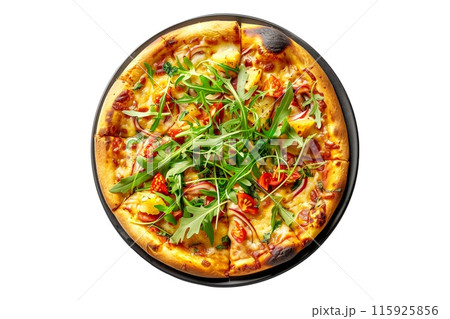 Delicious Italian pizza topped with mushrooms, bell peppers, and spinach, perfect for a healthy meal 115925856