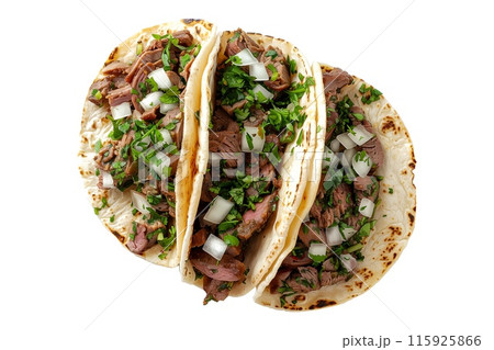 Delicious Mexican Suadero tacos filled with fresh ingredients like meat, onions, and cilantro 115925866