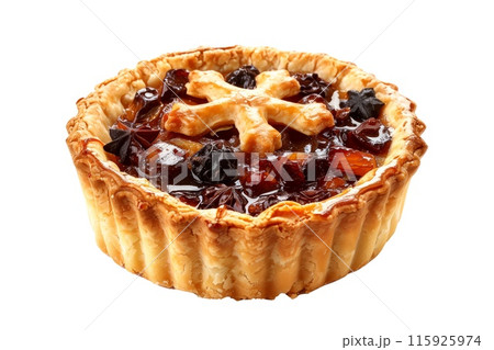 Freshly baked mince pie filling a stunning lattice crust isolated on white transparent background 115925974