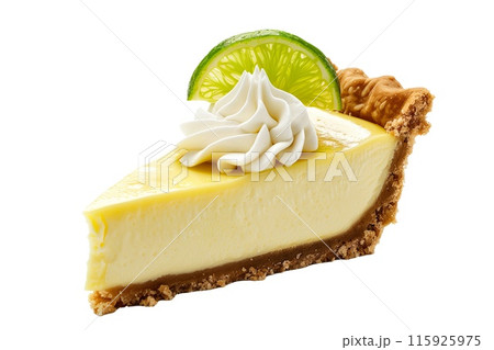 Close-up of a lemon meringue pie featuring a golden crust, zesty lemon filling isolated on white transparent background 115925975