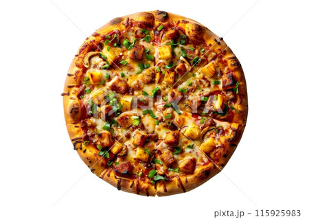 Delicious Italian pizza topped with mushrooms, bell peppers, and spinach, perfect for a healthy meal 115925983
