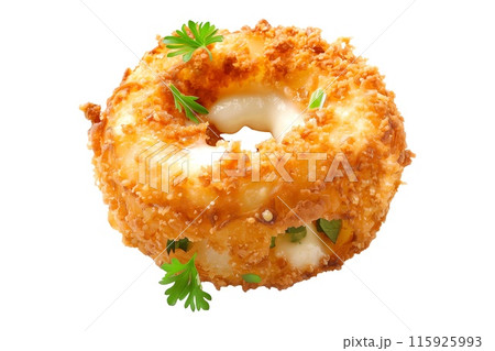 Closeup of stack of crunchy battered onion rings isolated on a white transparent background 115925993