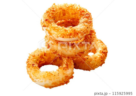 Closeup of stack of crunchy battered onion rings isolated on a white transparent background 115925995