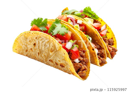 Delicious Mexican tacos filled with fresh ingredients like meat, onions, and cilantro 115925997