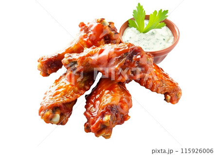 Delicious crispy Ranch chicken wings garnished with fresh cilantro, great for appetizers or main meals Delicious crispy Ranch chicken wings garnished with fresh cilantro, great for appetizers or main meals 115926006