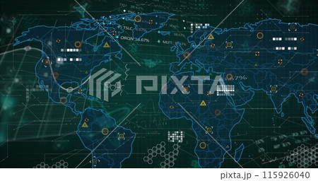 Image of molecular structures against data processing over world map on black background Image of molecular structures against data processing over world map on black background 115926040