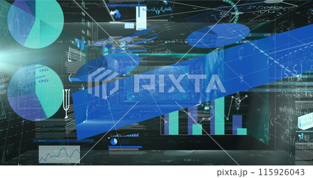 Image of statistical data processing over screens with data processing on black background Image of statistical data processing over screens with data processing on black background 115926043