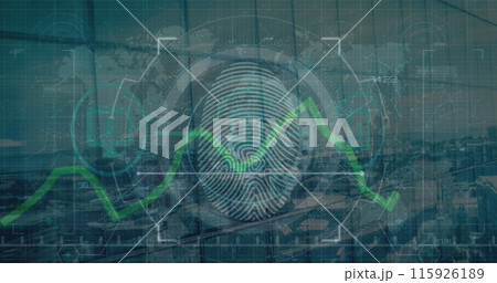 Image of fingerprint scanning in circle, green graph over map against aerial view of city 115926189