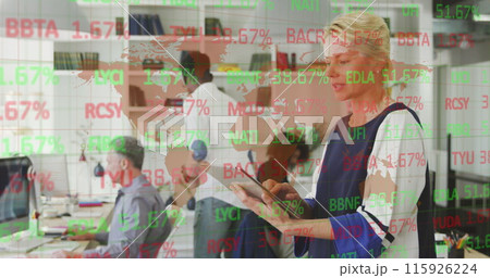 Image of trading board and map over beautiful caucasian woman using digital tablet in office Image of trading board and map over beautiful caucasian woman using digital tablet in office 115926224