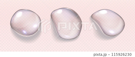 Realistic vector transparent water drops. Premium quality translucent liquid droplet set with beautiful shadows. Freshwater cool icons isolated on transparent background 115926230