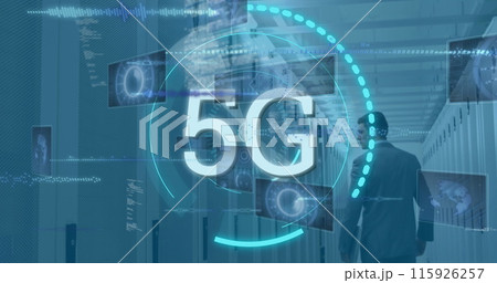 Image of 5g text in circle radars, database over caucasian businessman walking in server room 115926257