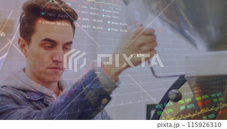 Image of trading board and graphs over caucasian man using coffee machine at cafes Image of trading board and graphs over caucasian man using coffee machine at cafes 115926310