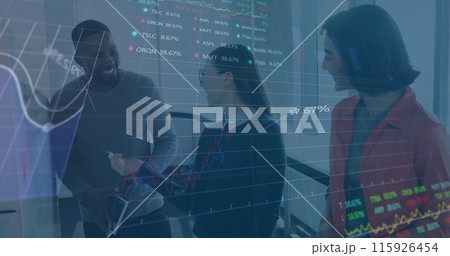 Image of stock market data processing over diverse colleagues discussing over whiteboard Image of stock market data processing over diverse colleagues discussing over whiteboard 115926454