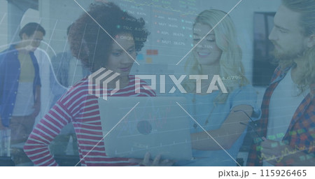 Image of financial data processing over diverse business people using laptop at office Image of financial data processing over diverse business people using laptop at office 115926465