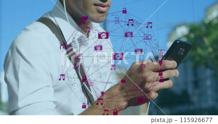 A person is talking on a mobile phone outside, with a global computer network in the background A person is talking on a mobile phone outside, with a global computer network in the background 115926677
