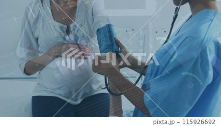 Image of statistics and financial data processing over female doctor and pregnant woman Image of statistics and financial data processing over female doctor and pregnant woman 115926692