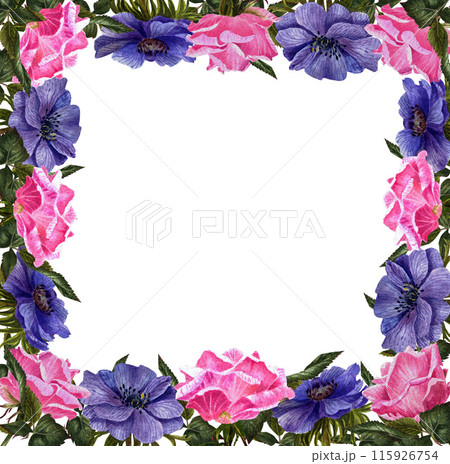 Beautiful square frame of pink roses and anemones. A watercolor flowers Beautiful square frame of pink roses and anemones. A watercolor flowers 115926754