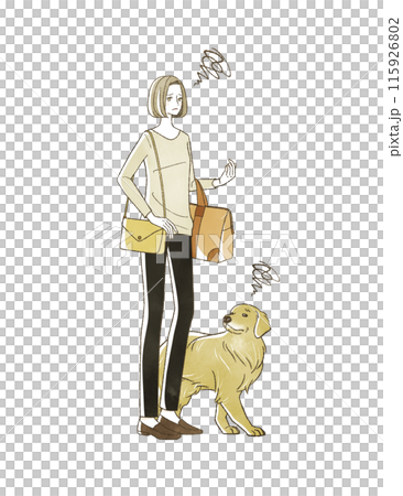 A woman and her dog traveling with a troubled expression 115926802