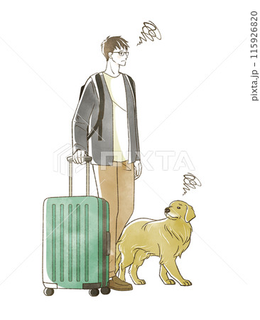 困った表情の旅行をする男性と犬 困った表情の旅行をする男性と犬 115926820
