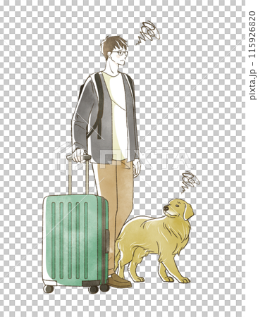 困った表情の旅行をする男性と犬 困った表情の旅行をする男性と犬 115926820
