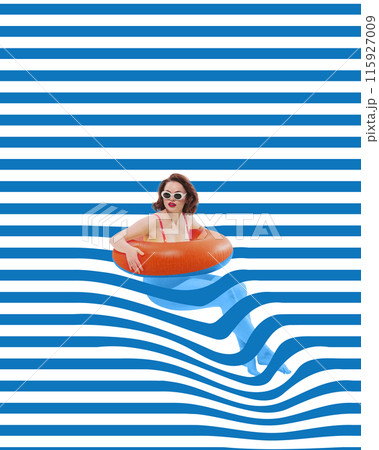 Elegant woman in sunglasses and swimsuit with orange inflatable ring, sitting against background of blue and white horizontal stripes. Contemporary art collage. Elegant woman in sunglasses and swimsuit with orange inflatable ring, sitting against background of blue and white horizontal stripes. Contemporary art collage. 115927009