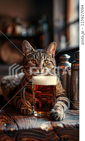 Furious tabby cat sits on wooden table, gently resting its paw on frothy beer mug at pub against blurred background. 115927094