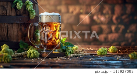 Banner. Large beer mug, filled with frothy amber beer, stands amidst hops and barley with negative space to insert your text. 115927095