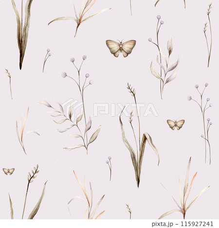 Watercolor seamless pattern floral delicate pastel vintage green violet brown bouquet. Hand drawn illustration isolated on white background. Repeat flower and herb herds and butterfly 115927241