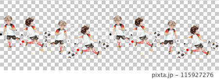 Seamless border with football player young sportsman hand drawn with watercolor ball. Boys play football in uniform. Isolated illustration of a boy playing soccer game. Seamless border with football player young sportsman hand drawn with watercolor ball. Boys play football in uniform. Isolated illustration of a boy playing soccer game. 115927276