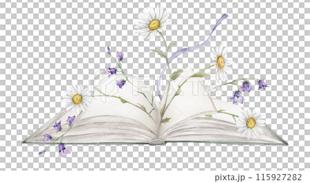 Open book with bluebell and white chamomile flower watercolor illustration isolated on background. Book green colors with a fabulous story and flower. Vintage old textbook hand drawn and bookmark 115927282