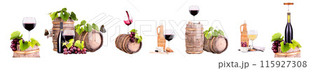 Wine bottles and glasses, an assortment of grapes and cheese isolated on white Wine bottles and glasses, an assortment of grapes and cheese isolated on white 115927308