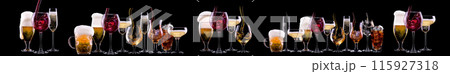 Different alcohol cocktails like beer, martini, soda, champagne, whiskey Different alcohol cocktails like beer, martini, soda, champagne, whiskey 115927318