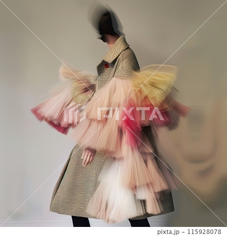 Avantgarde fashion model showcasing vibrant tulle sleeves in motion, depicting modern couture Avantgarde fashion model showcasing vibrant tulle sleeves in motion, depicting modern couture 115928078
