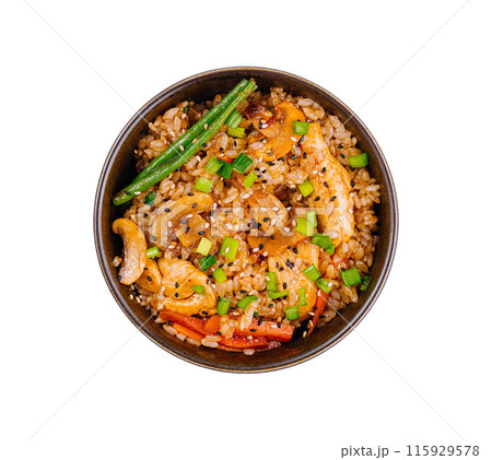 Savory asian fried rice dish in bowl 115929578