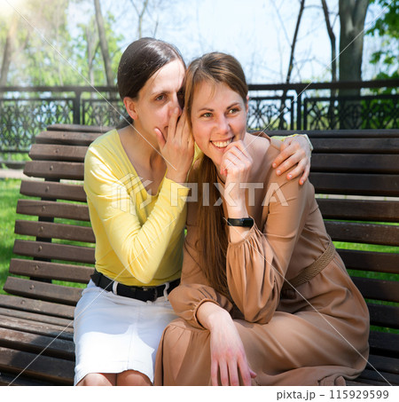 Two girls gossip in the park 115929599