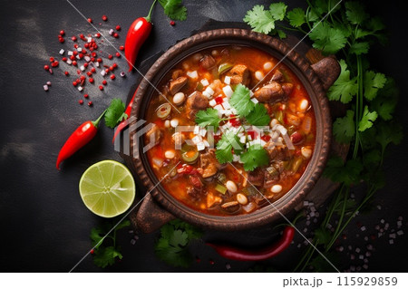 Spicy Mexican traditional pozole soup with chili peppers and lime, black background. Generative AI 115929859
