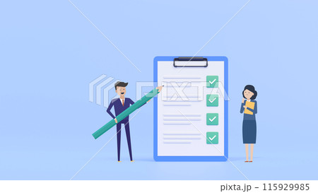 Mixed 2D 3D｜書面の内容を確認してチェックマークをつけるビジネスマン 115929985