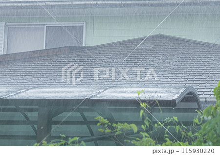 民家の屋根に大雨が打ち付けている 屋根とカーポート 民家の屋根に大雨が打ち付けている 屋根とカーポート 115930220