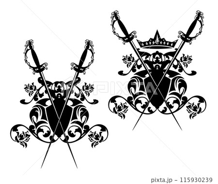 medieval duel epee sword and royal coat of arms shield vector design set medieval duel epee sword and royal coat of arms shield vector design set 115930239