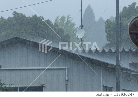 倉庫の屋根に豪雨が打ち付けている　衛星放送のアンテナが乗っている屋根 115930247