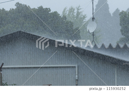 倉庫の屋根に豪雨が打ち付けている　衛星放送のアンテナが乗っている屋根 115930252