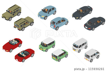 アイソメトリックイラスト:車を運転する男性セット アイソメトリックイラスト:車を運転する男性セット 115930281